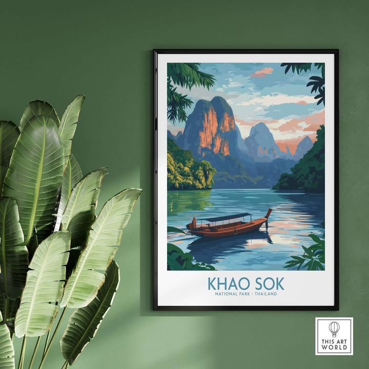 Khao Sok poster featuring a scenic view of mountains and a boat in a tranquil lake, perfect for home decor.