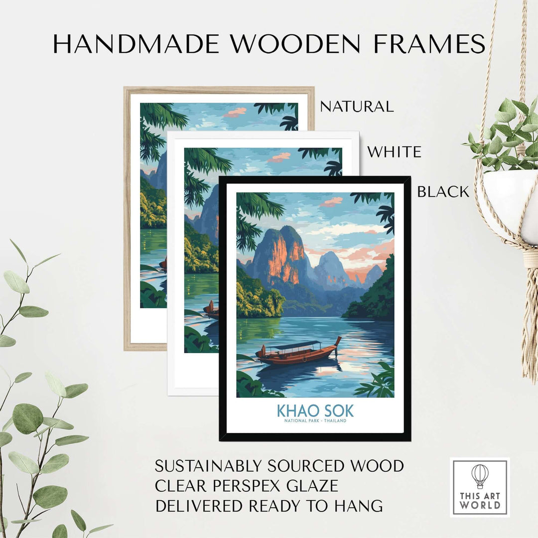 Khao Sok poster in handmade wooden frames: natural, white, and black options; sustainably sourced wood, ready to hang.