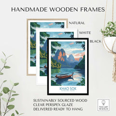 Khao Sok Poster displayed in handmade wooden frames in natural, white, and black finishes.