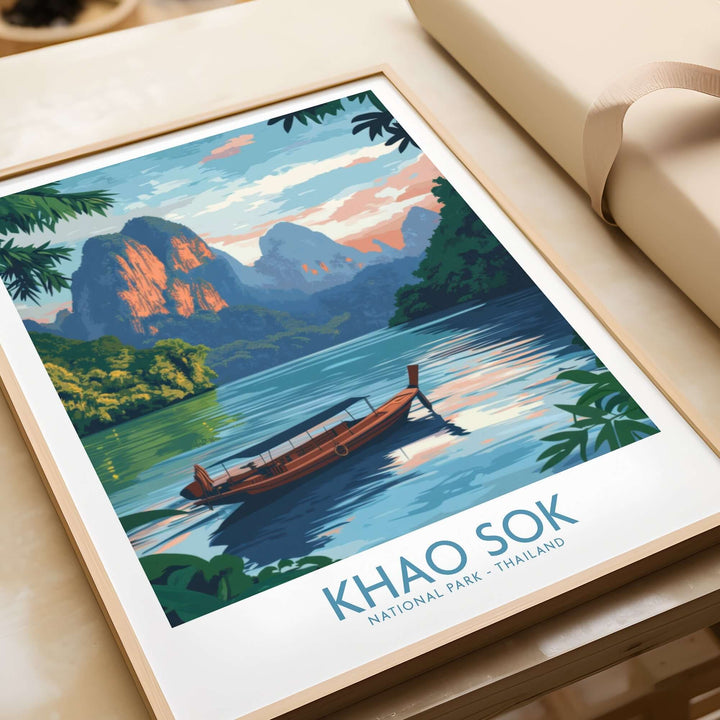 Khao Sok National Park poster featuring a serene landscape with a boat on tranquil waters and stunning mountains.