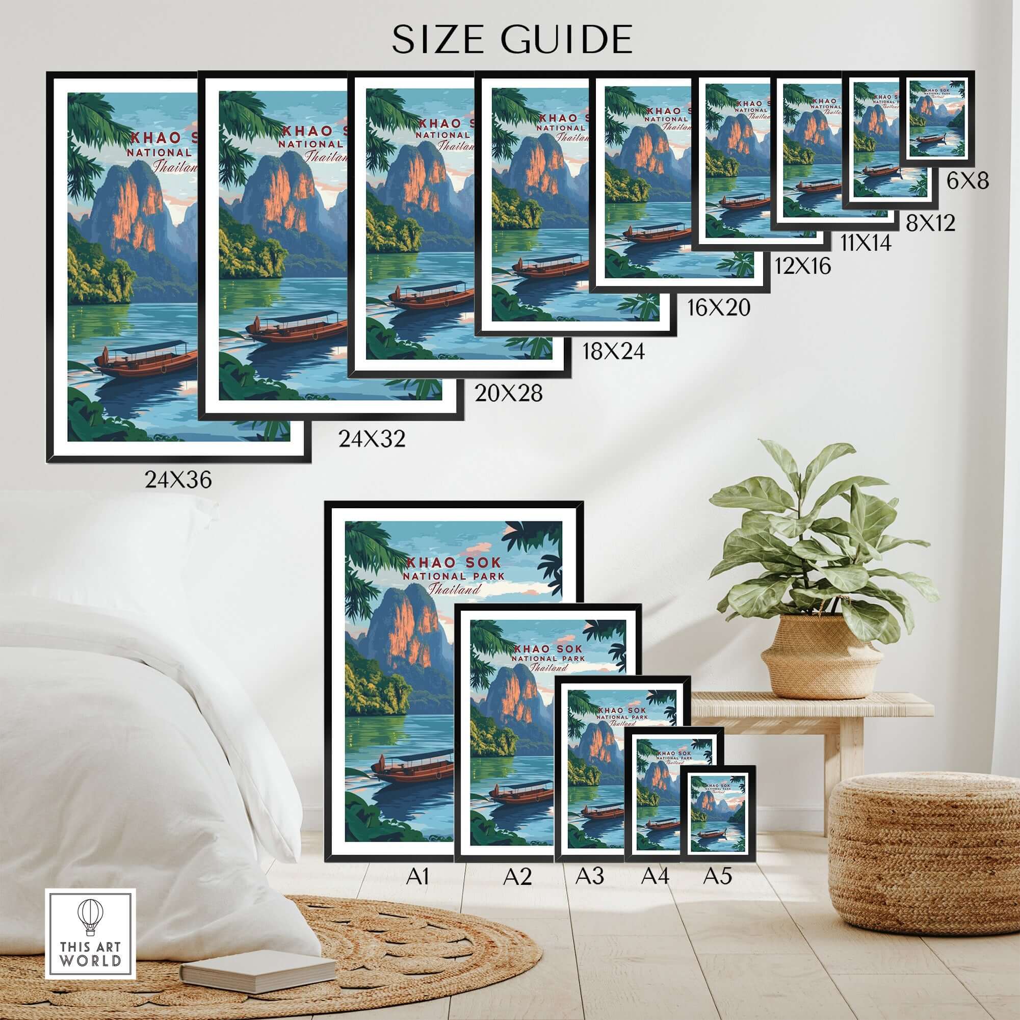 Size guide for Khao Sok Print showcasing various frame dimensions and options to enhance your space.