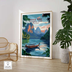Khao Sok Print featuring Khao Sok National Park in Thailand with a tranquil lake and lush mountains.