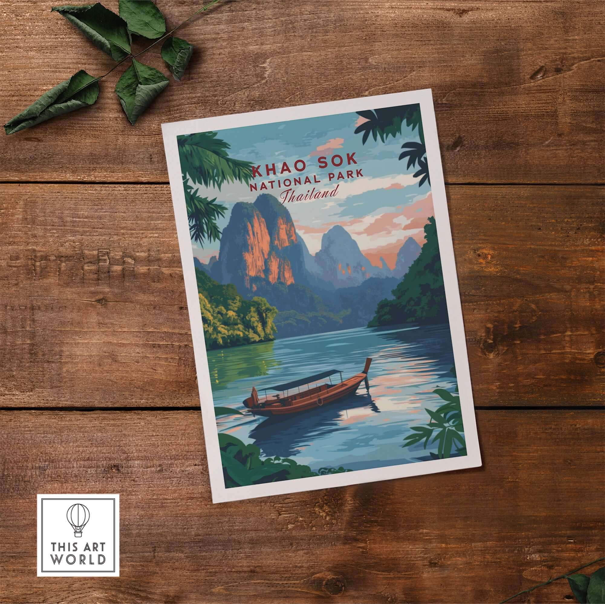 Khao Sok Print showcasing Khao Sok National Park in Thailand with a scenic boat view.