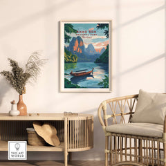 Khao Sok Print featuring a serene landscape with a boat in Khao Sok National Park, adding nature's beauty to home decor.
