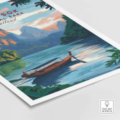 Khao Sok Print showcasing a serene boat on the water within Khao Sok National Park, Thailand.