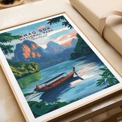 Khao Sok Print showcasing Khao Sok National Park in Thailand, featuring scenic mountains and serene waters.