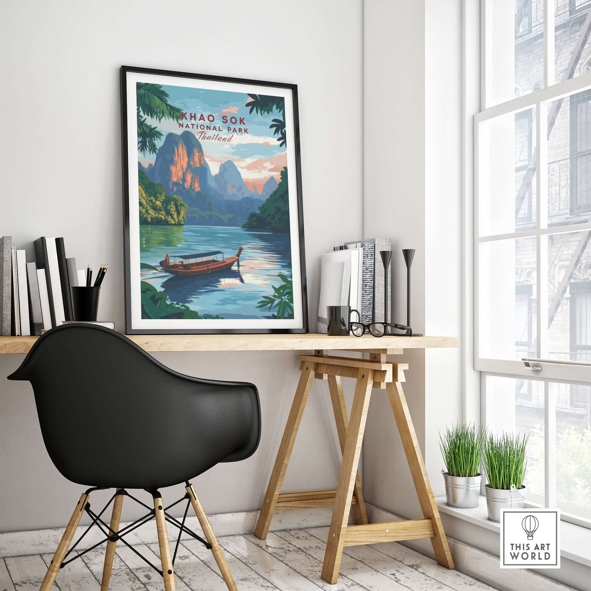 Khao Sok Print depicting a tranquil scene of Khao Sok National Park, perfect for home decor.