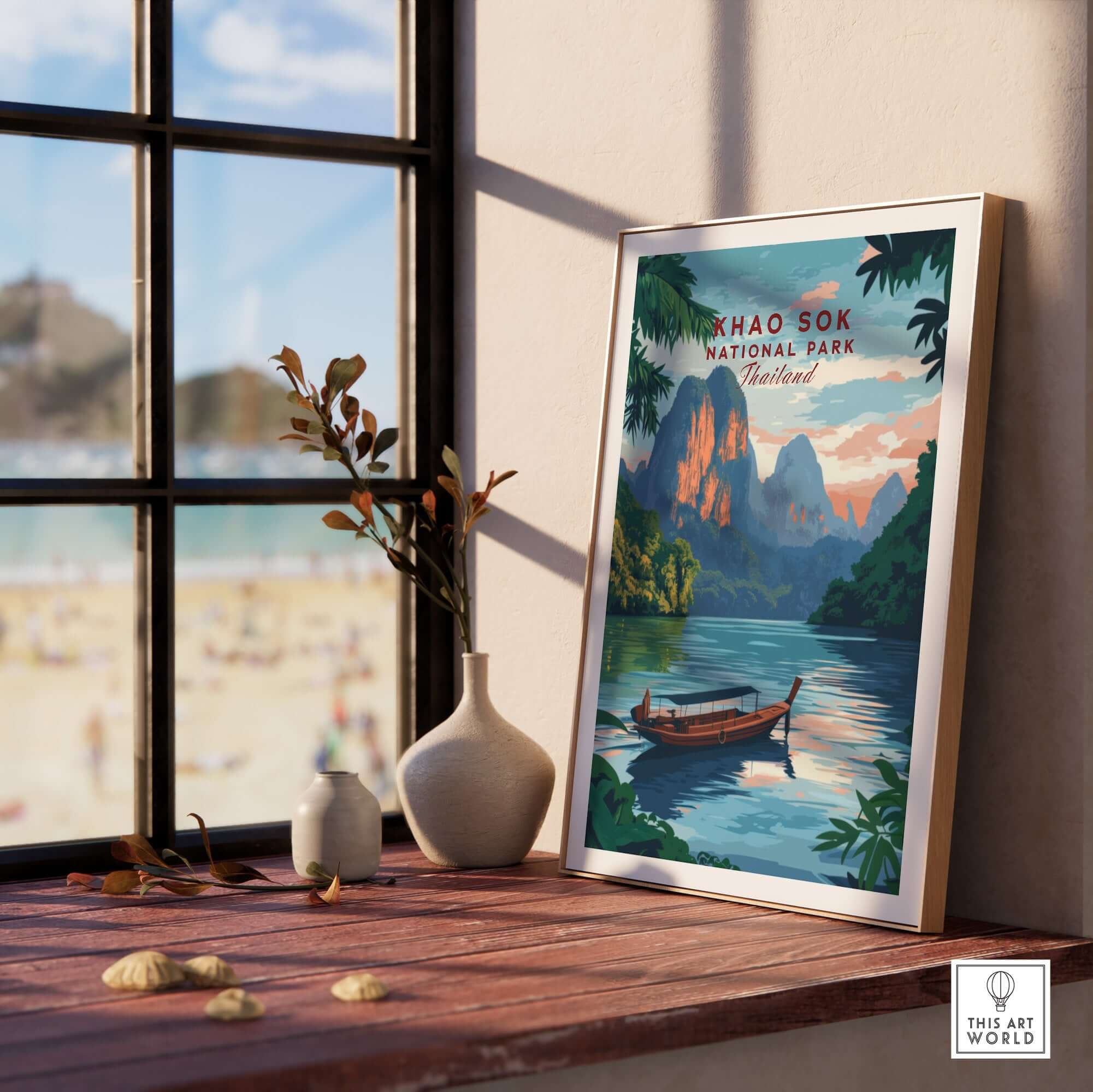 Khao Sok Print framed art showcasing tranquil scenery of Khao Sok National Park, perfect for home décor.