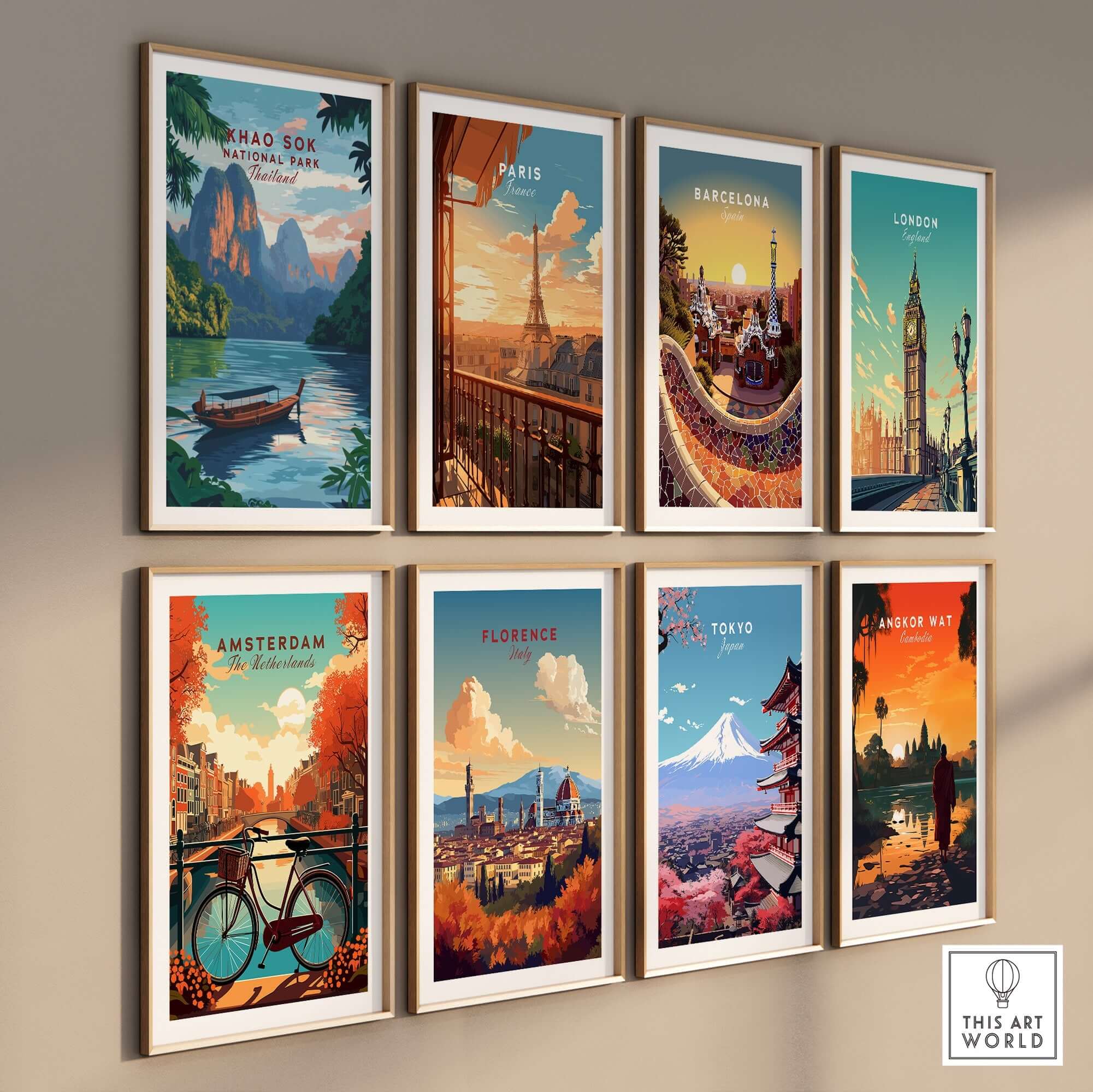 Khao Sok Print displayed with travel posters, showcasing the beauty of Khao Sok National Park and other iconic destinations.