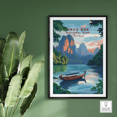 Khao Sok Print featuring a tranquil landscape of Khao Sok National Park in Thailand with a boat on the reflective water.
