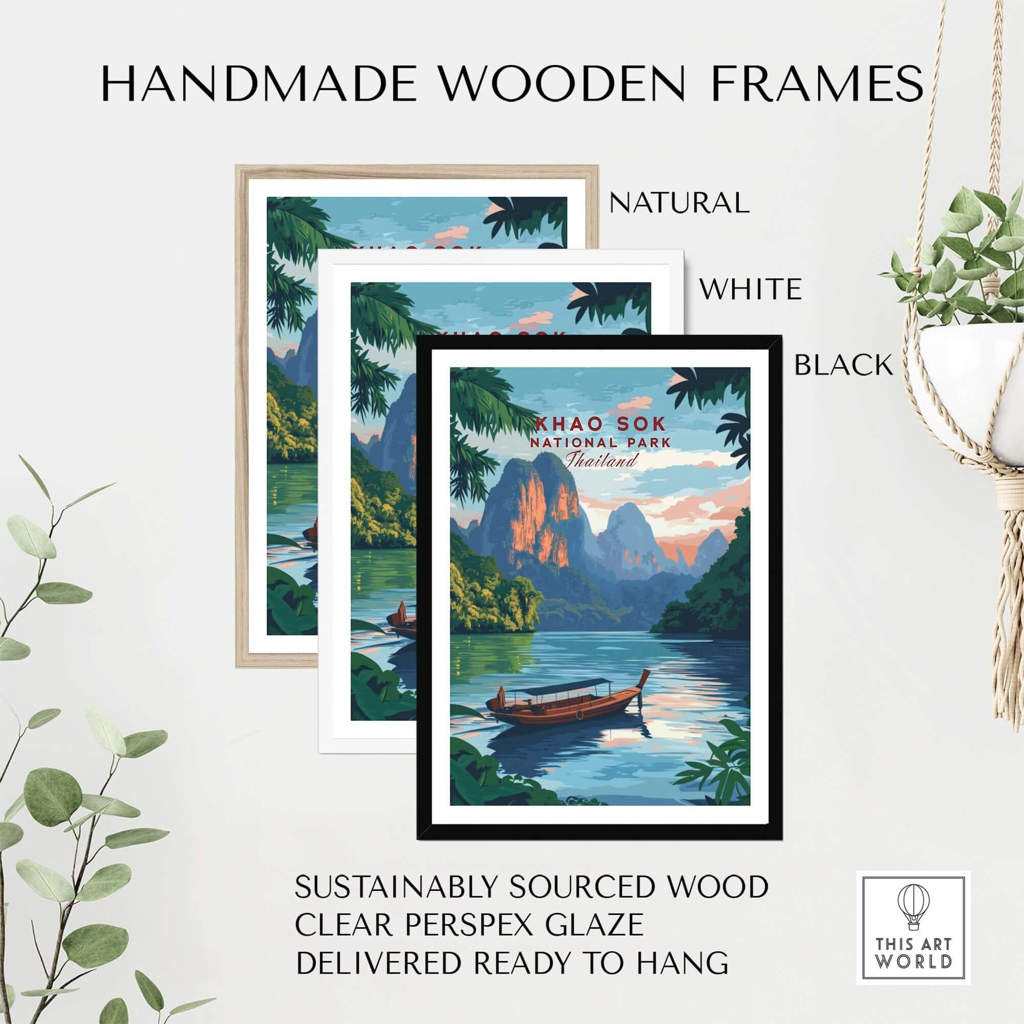 Khao Sok Print displayed in handmade wooden frames in natural, white, and black options.
