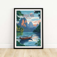 Khao Sok Print showcasing Khao Sok National Park in Thailand with a scenic boat and mountains.