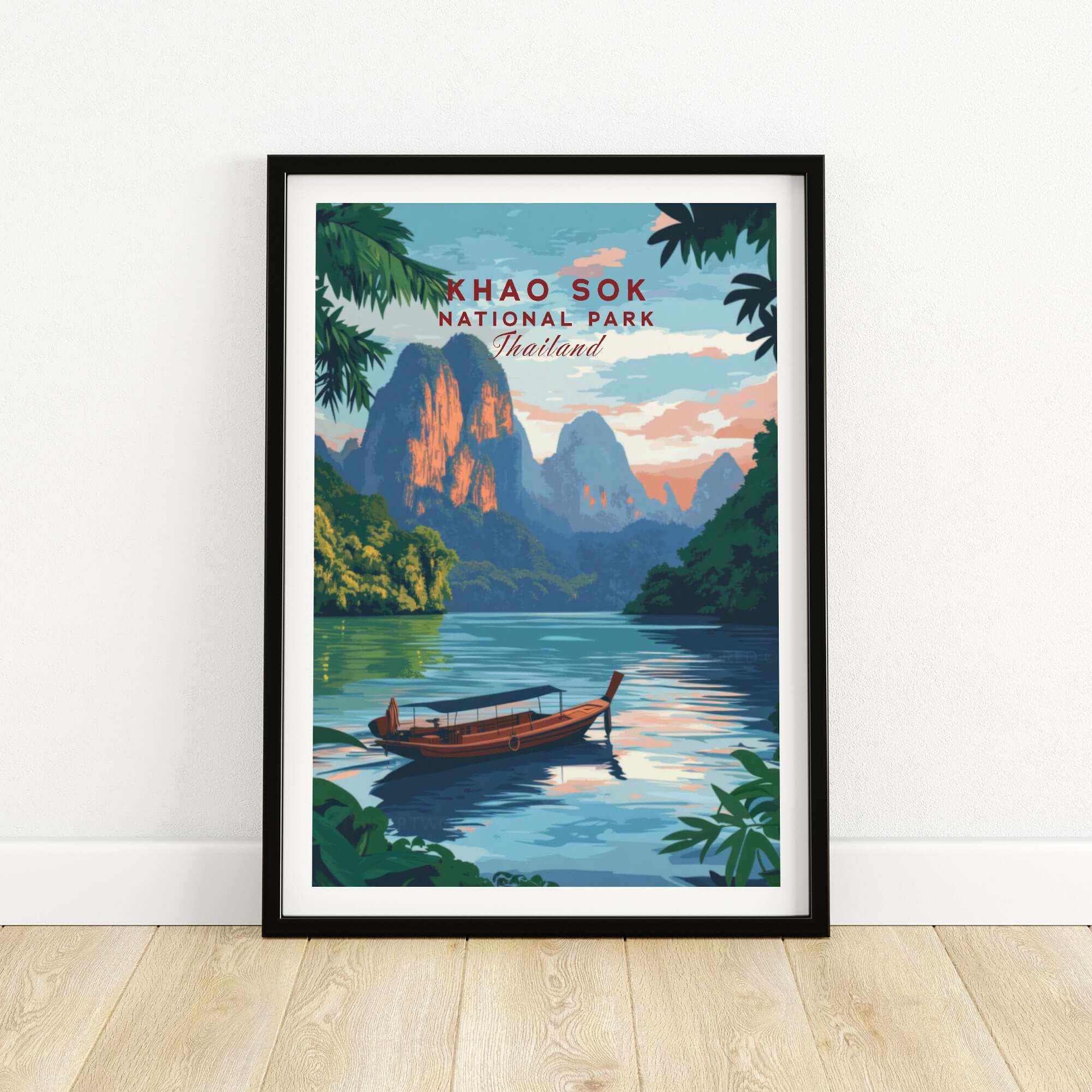 Khao Sok Print showcasing Khao Sok National Park in Thailand with a scenic boat and mountains.