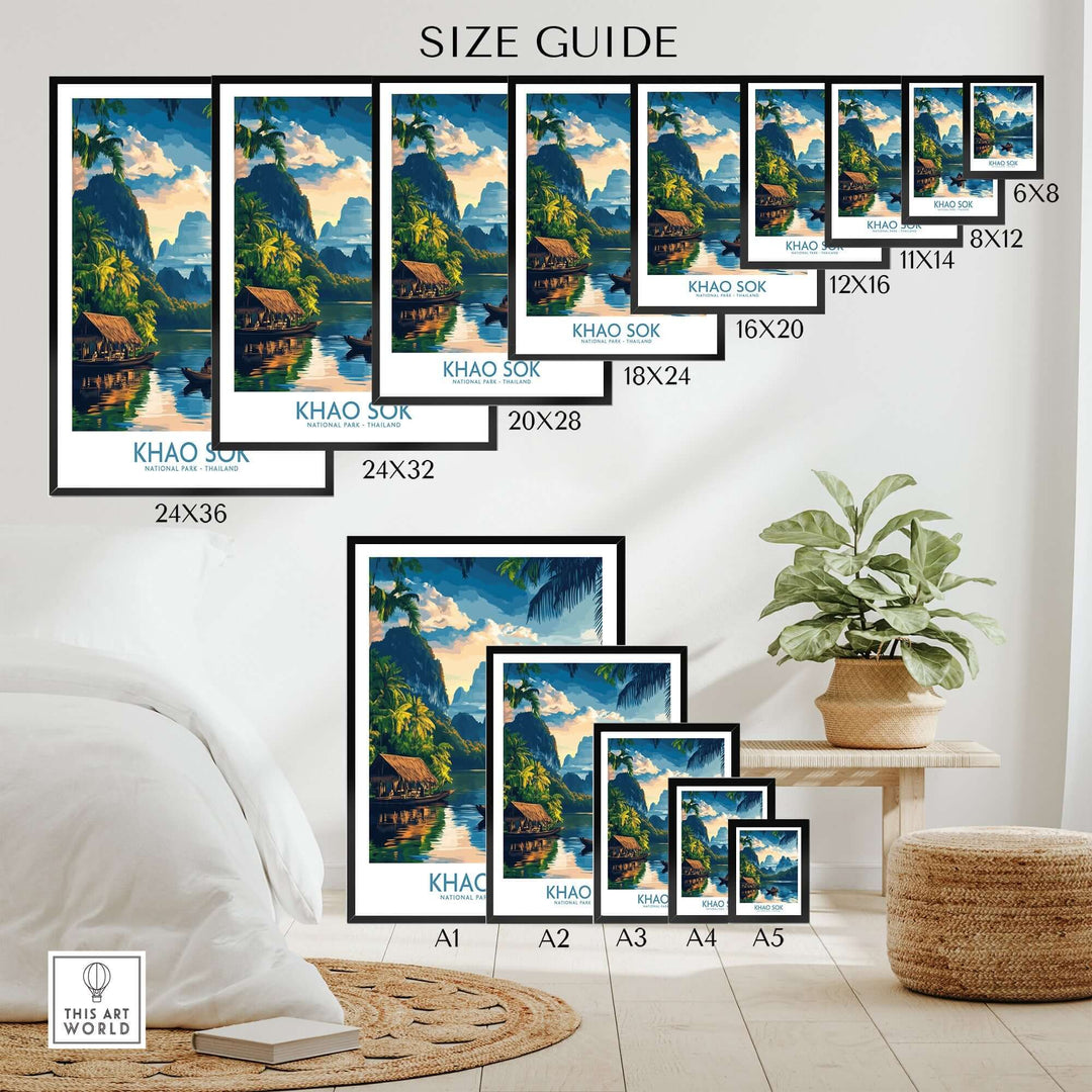 Khao Sok travel poster size guide showcasing various frame dimensions in a stylish living room setting.