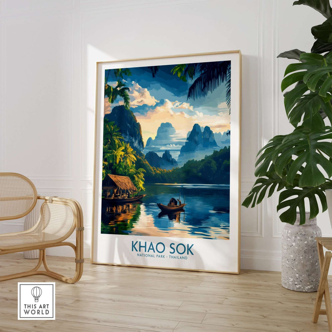 Khao Sok travel poster featuring a serene landscape of mountains and water, ideal for home decor and travel enthusiasts.