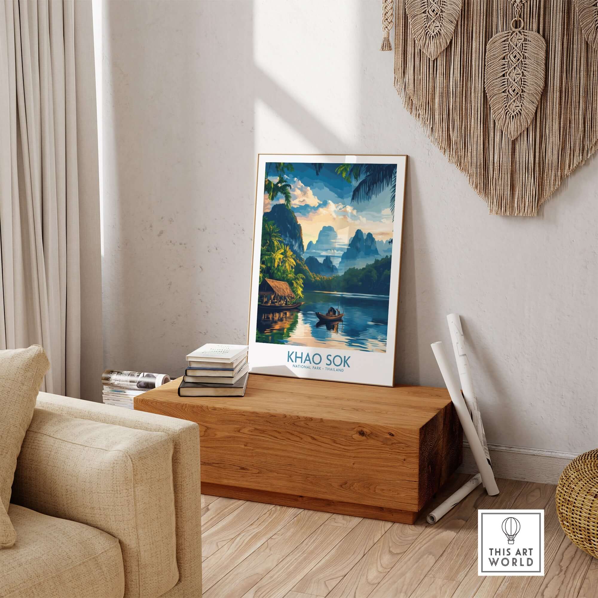 Khao Sok Travel Poster featuring lush greenery and crystal clear waters of Khao Sok National Park in a cozy interior setting.