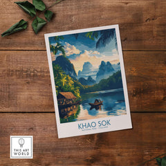 Khao Sok Travel Poster depicting the serene beauty of Khao Sok National Park in Thailand with lush greenery and clear waters.