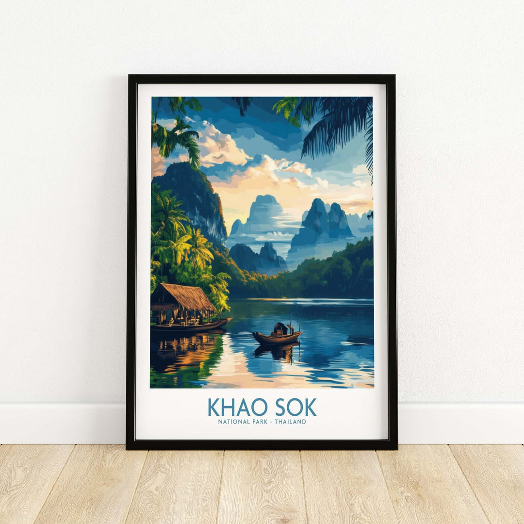 Khao Sok travel poster featuring a serene landscape of mountains and a boat in a tranquil lake setting in Thailand.