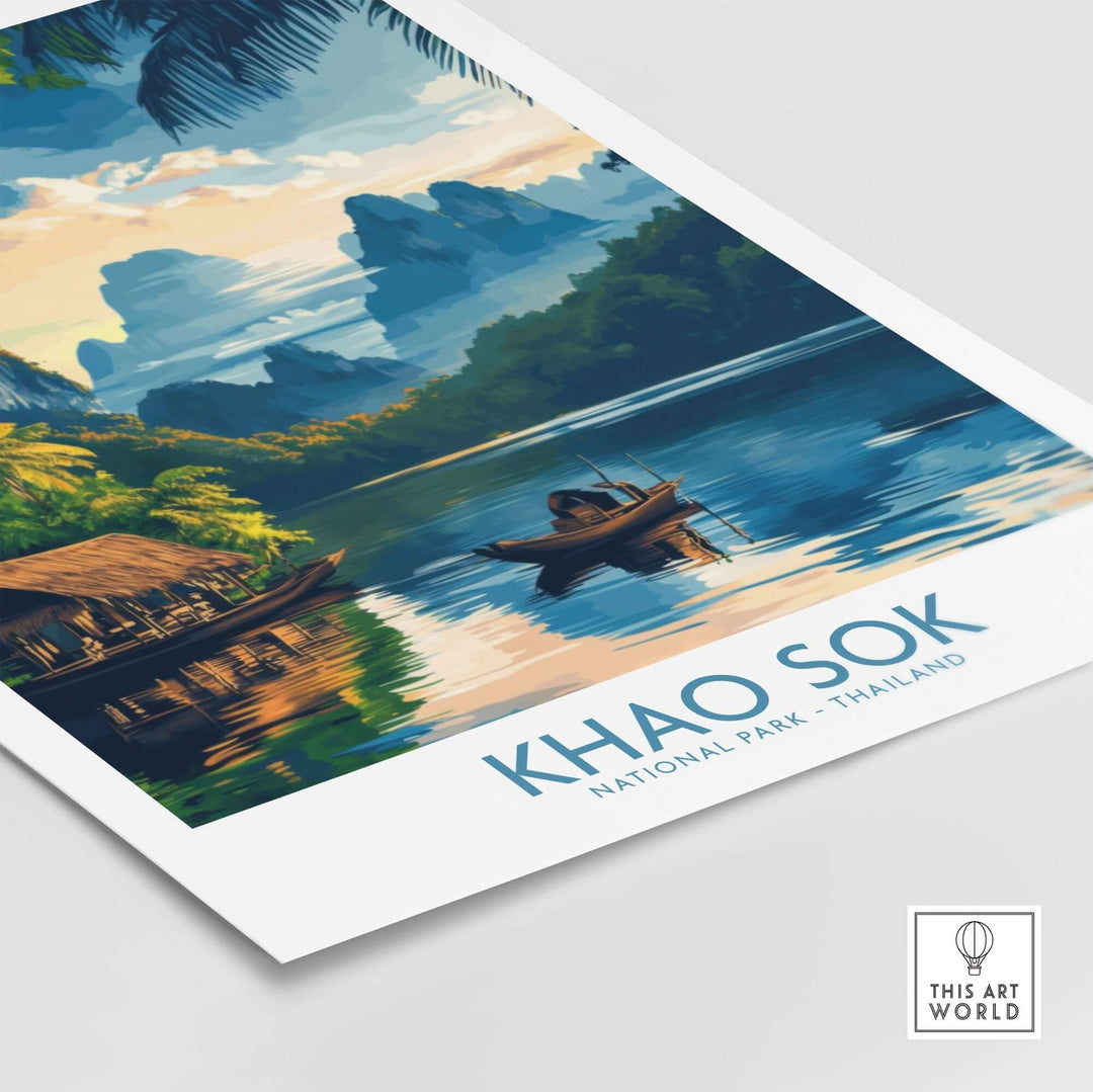 Khao Sok travel poster featuring serene lake scenery and lush mountains in Thailand, perfect for nature lovers.