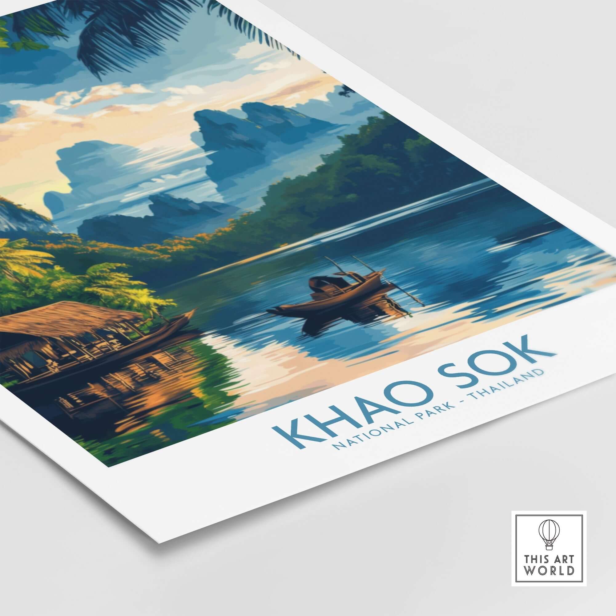 Khao Sok Travel Poster featuring stunning landscapes of Khao Sok National Park, Thailand with lush greenery and serene waters.