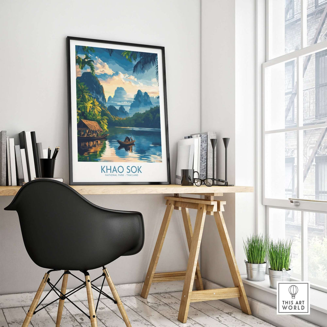 Khao Sok travel poster displayed in a modern workspace featuring lush landscapes and serene water views.