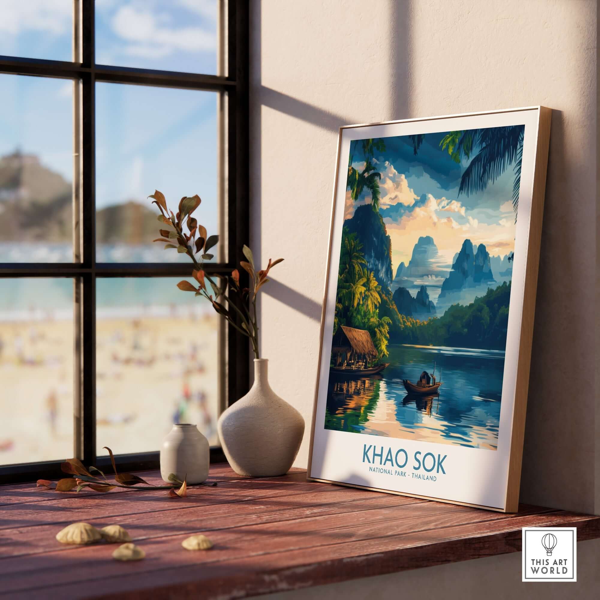 Khao Sok Travel Poster showcasing lush greenery and crystal clear waters of Khao Sok National Park in a cozy interior.