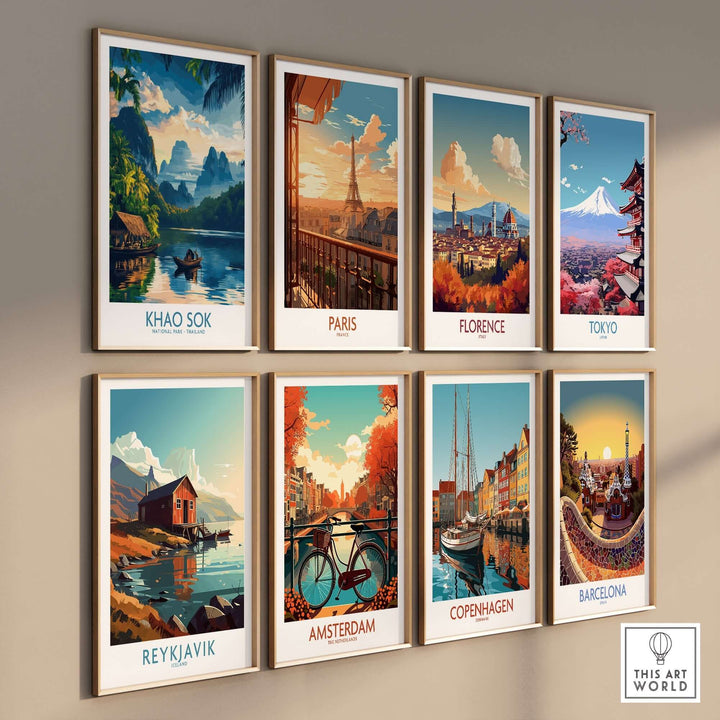 Khao Sok travel poster featuring lush landscapes, framed among city posters of Paris, Florence, Tokyo, and more.