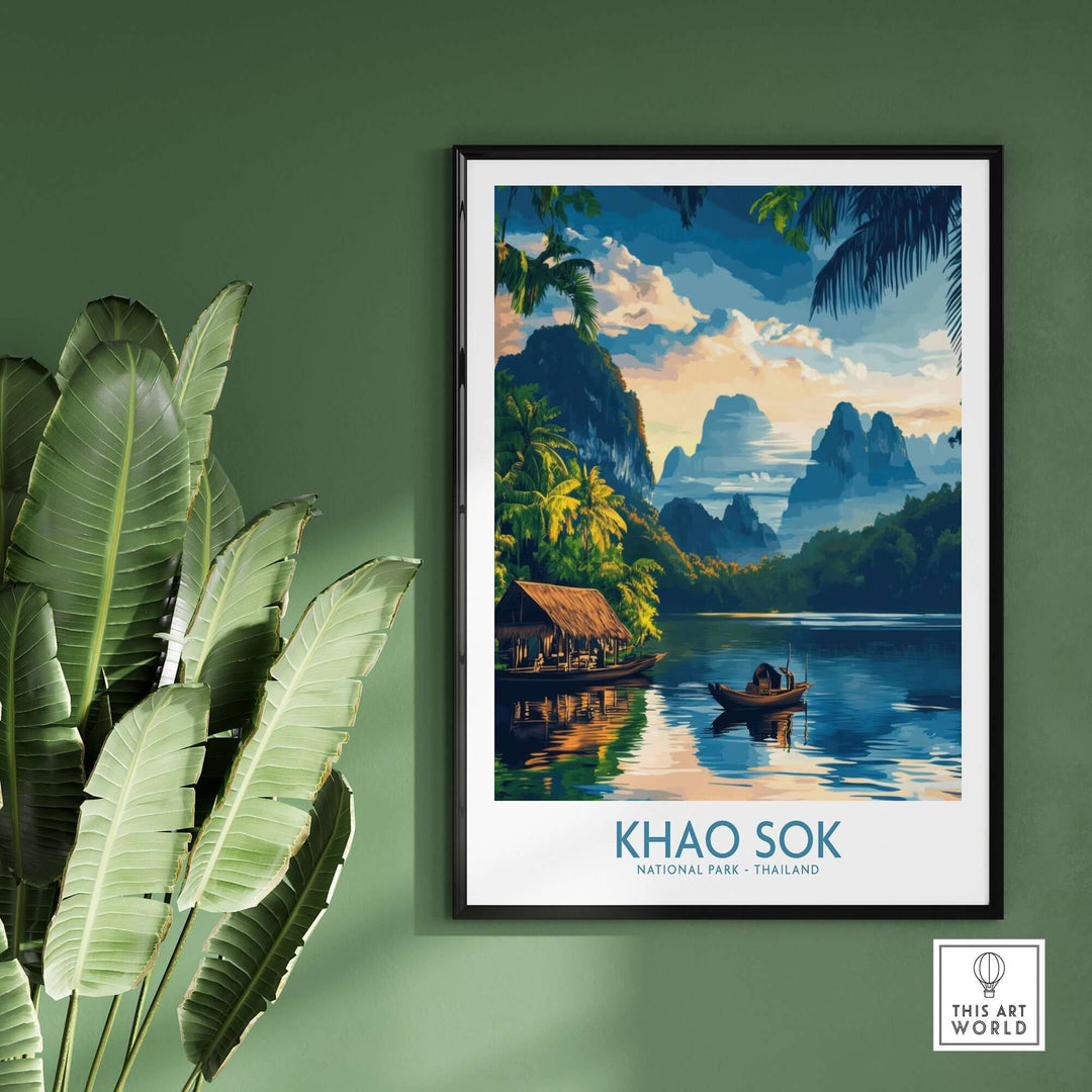 Khao Sok travel poster featuring lush landscapes and a tranquil lake, perfect for nature lovers and adventure seekers.