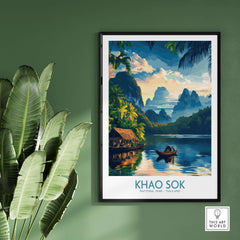 Khao Sok Travel Poster featuring stunning scenery of Khao Sok National Park in Thailand.