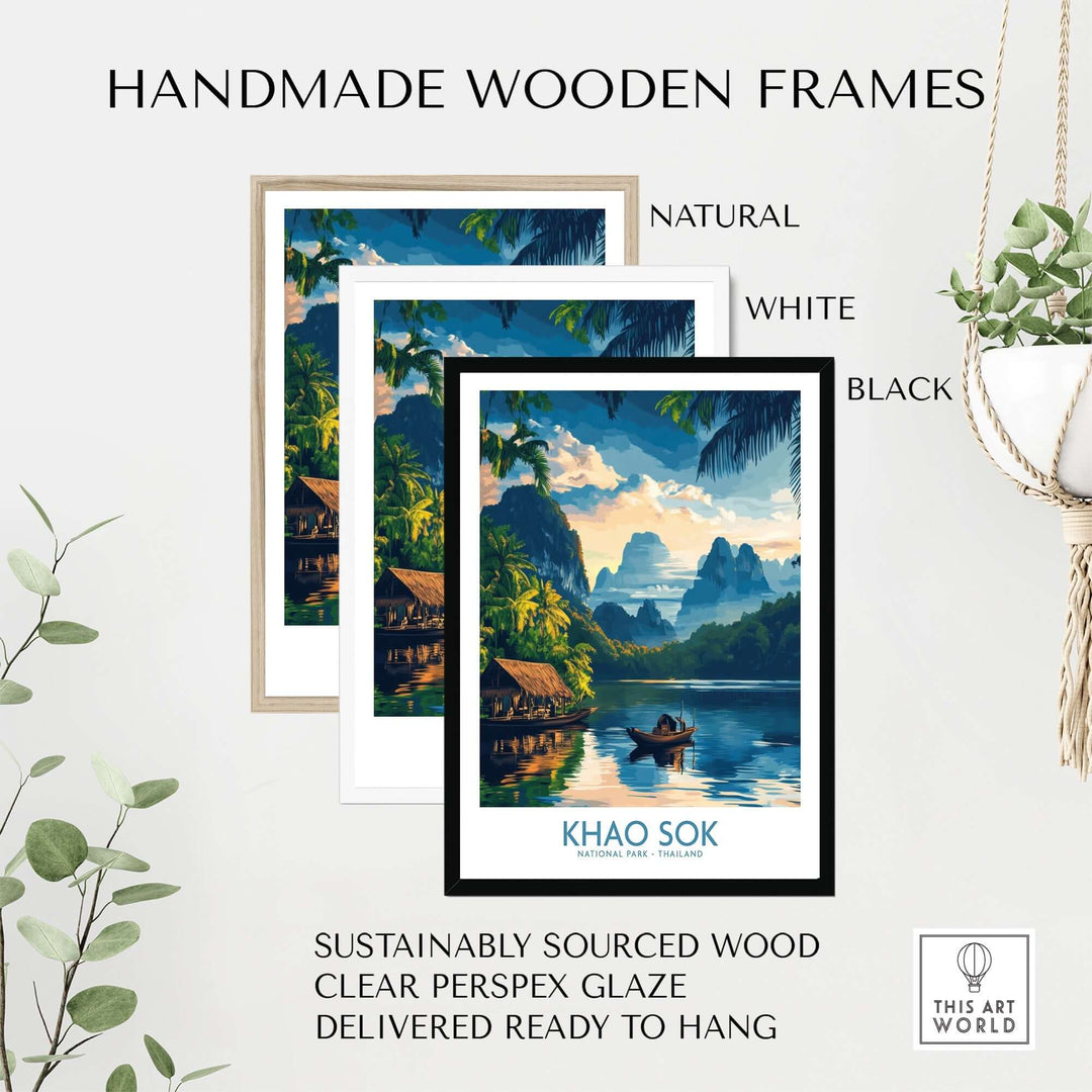 Khao Sok travel poster displayed in handmade wooden frames in natural, white, and black finishes, ready to hang.