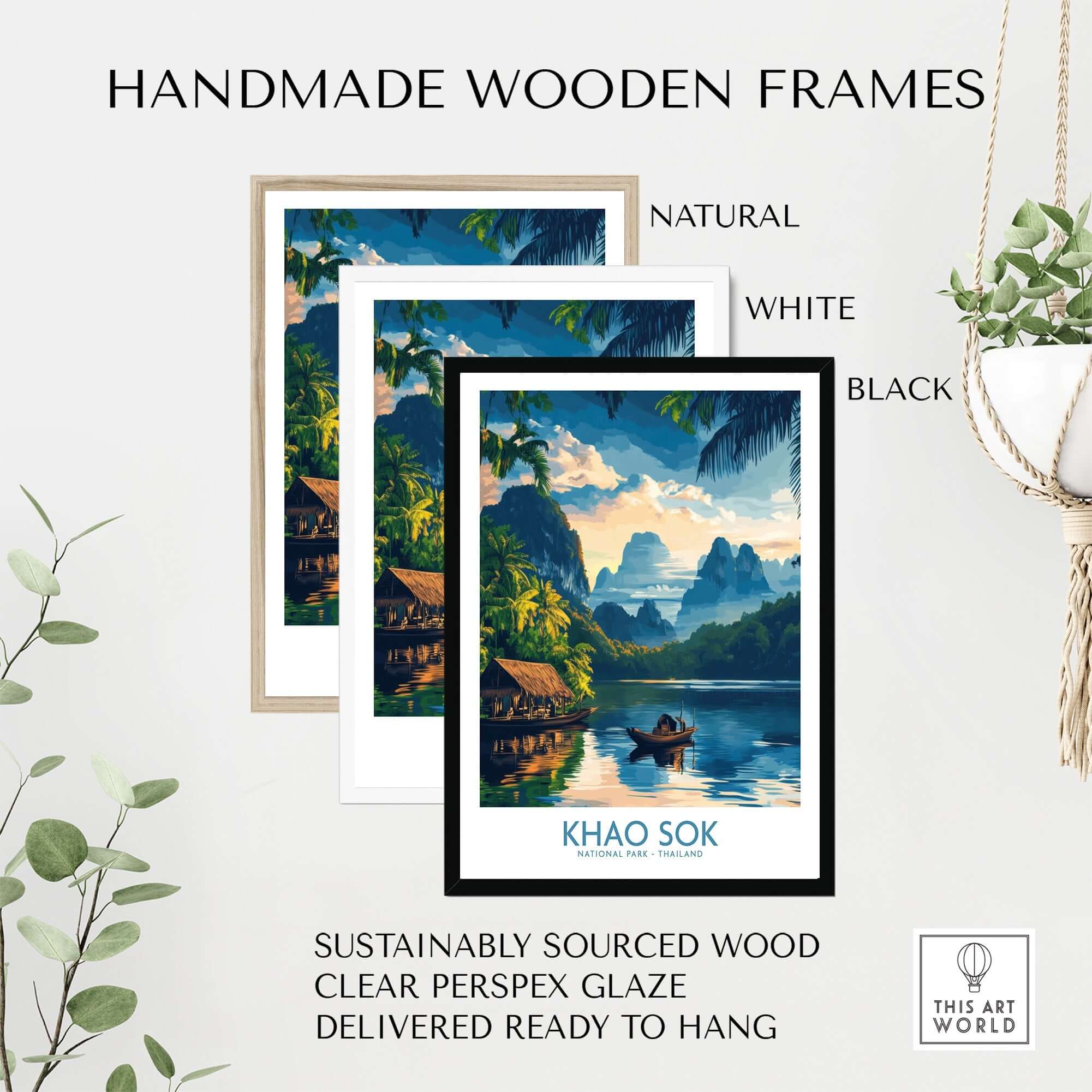 Khao Sok Travel Poster in handmade wooden frames showcasing natural, white, and black options.