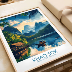 Khao Sok Travel Poster showcasing lush greenery and tranquil waters of Khao Sok National Park, Thailand.