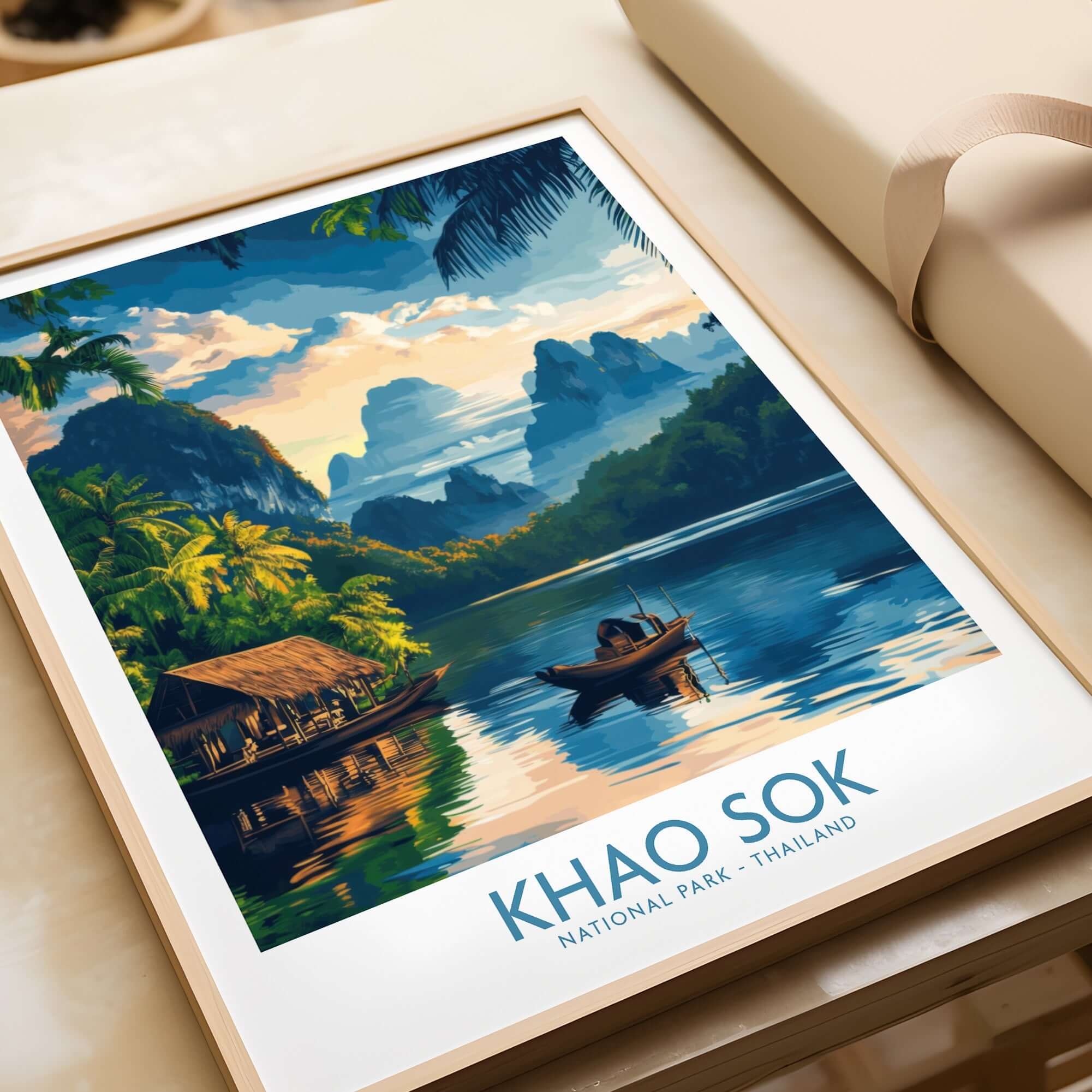Khao Sok Travel Poster showcasing lush greenery and tranquil waters of Khao Sok National Park, Thailand.