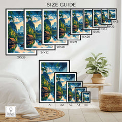 Size guide for Khao Sok Travel Print featuring various frame sizes and vibrant jungle artwork.