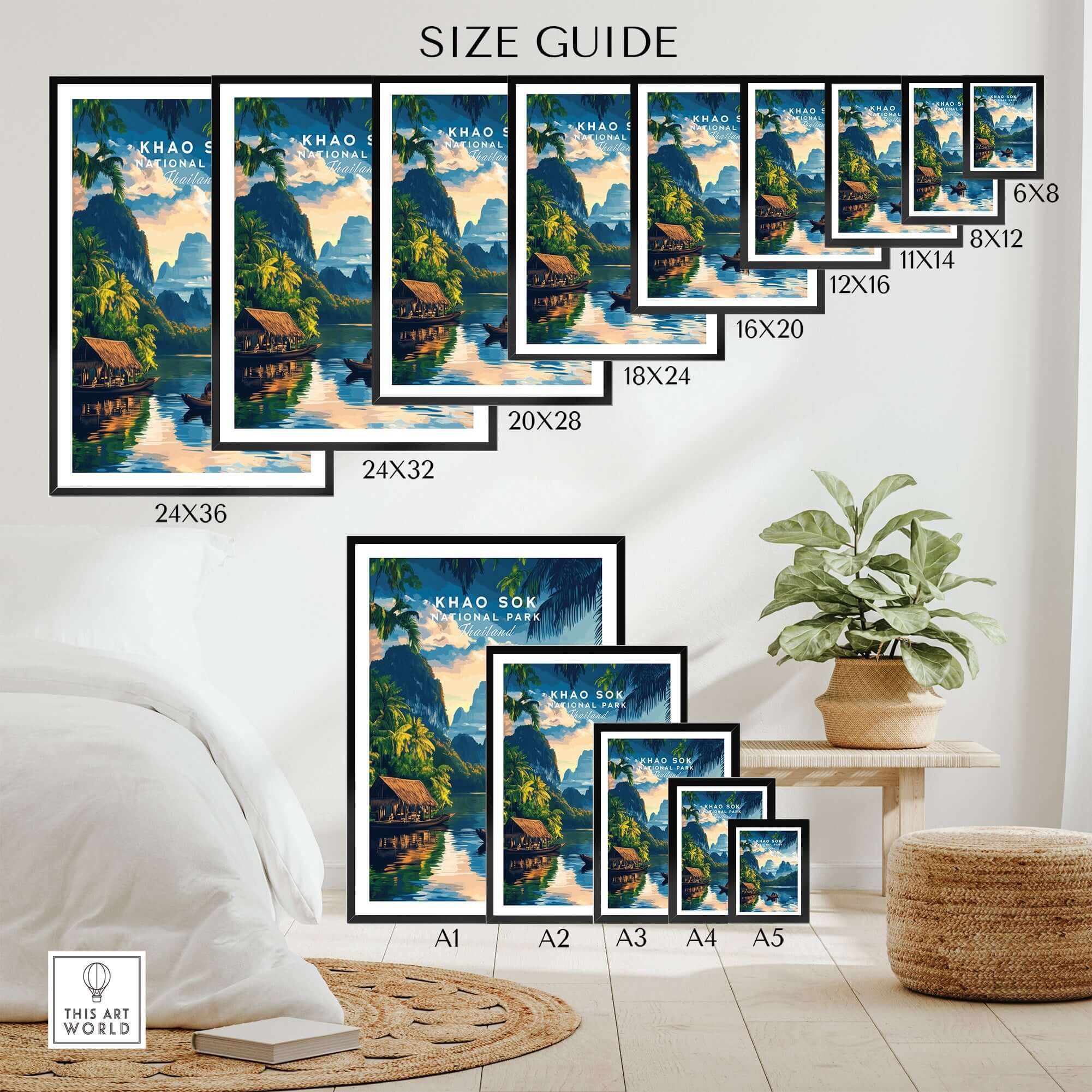 Size guide for Khao Sok Travel Print featuring various frame sizes and vibrant jungle artwork.