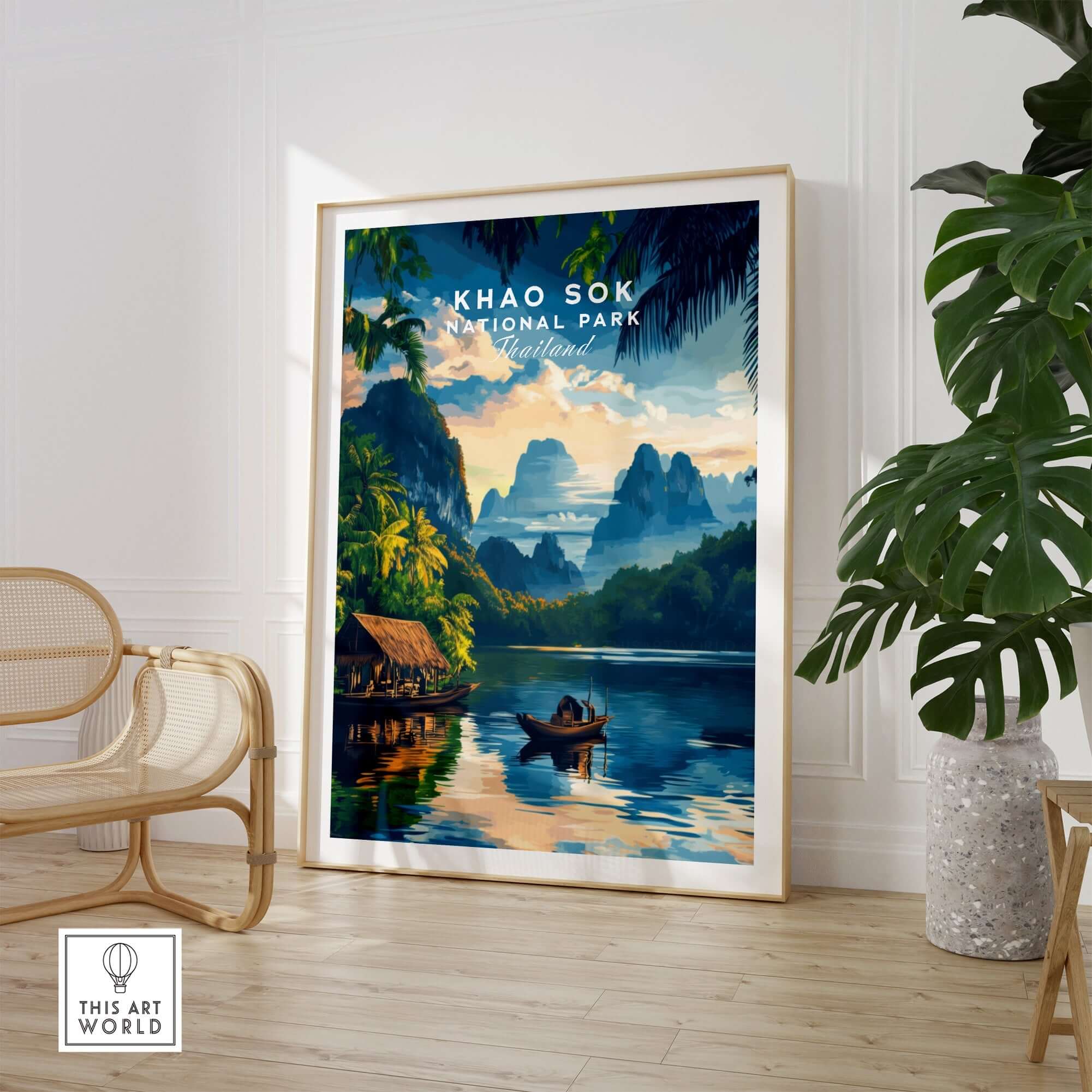 Khao Sok Travel Print featuring vibrant landscapes and jungles of Khao Sok National Park.