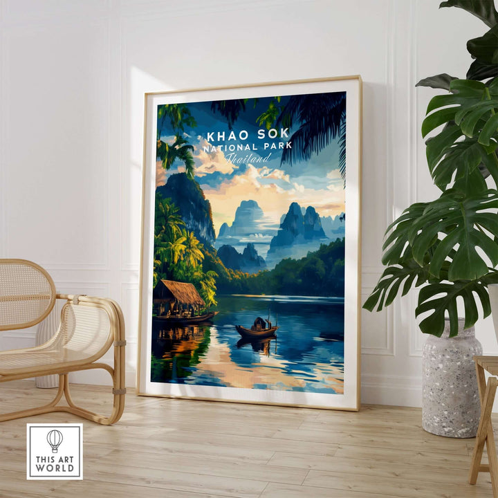 Khao Sok National Park travel print featuring a serene landscape with mountains, water, and lush greenery.