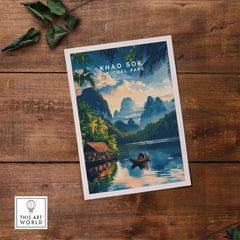 Khao Sok Travel Print showcasing Khao Sok National Park in Thailand with lush landscapes and serene waterways.