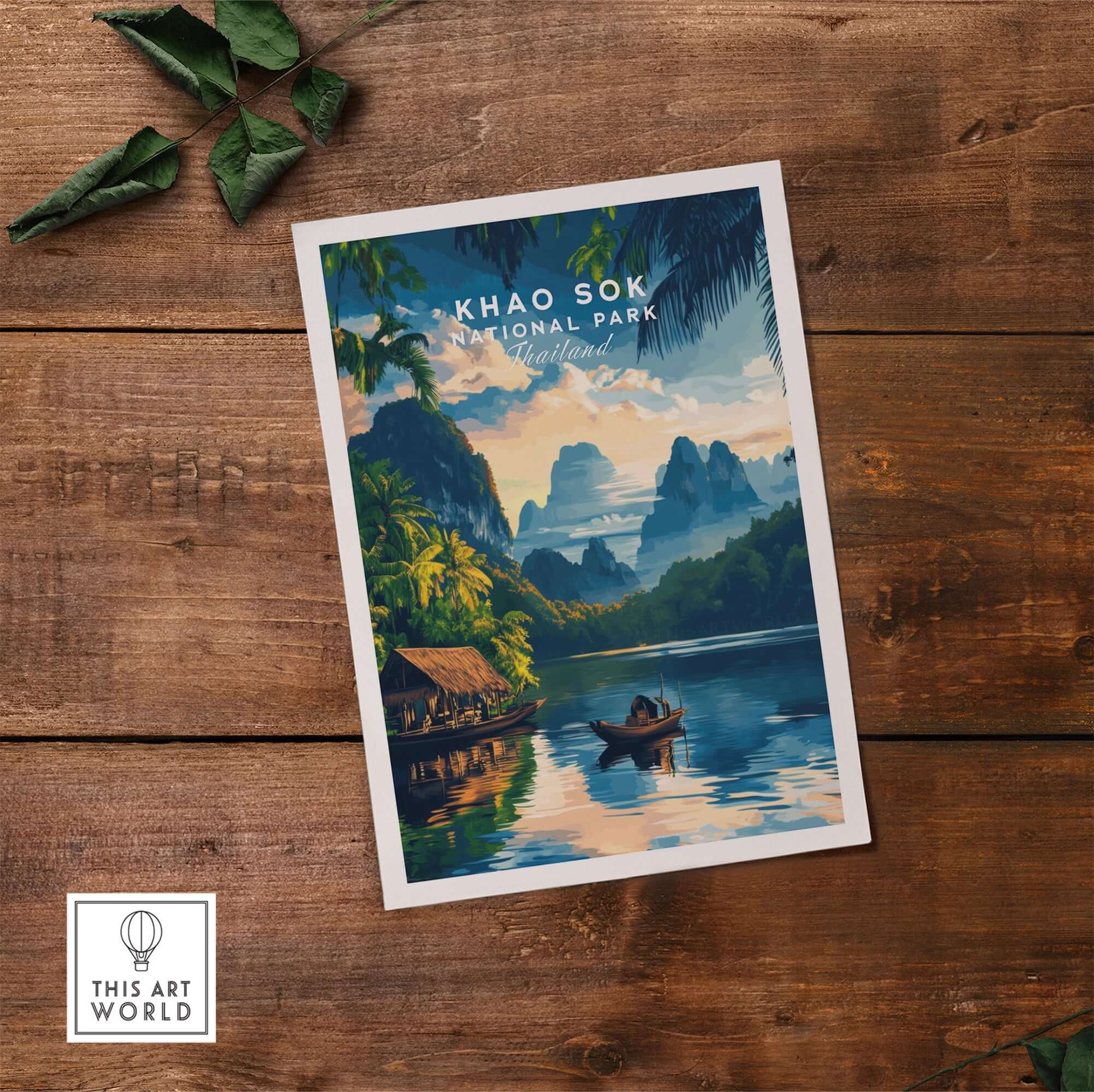 Khao Sok Travel Print showcasing Khao Sok National Park in Thailand with lush landscapes and serene waterways.