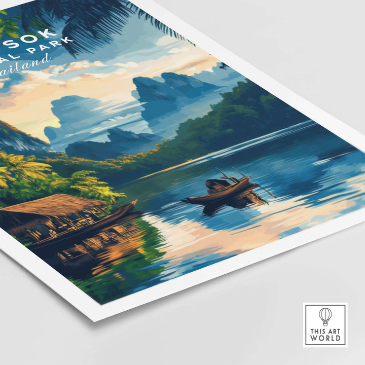 Scenic Khao Sok Travel Print featuring mountains, water, and a traditional boat in Thailand.