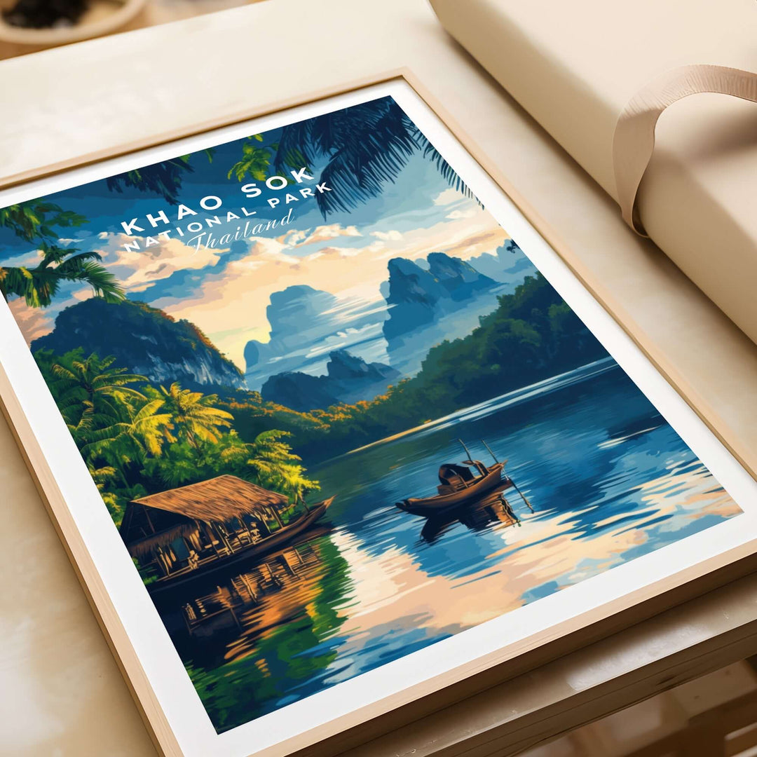 Khao Sok National Park travel print featuring a serene landscape with a boat on a reflective river and lush greenery.