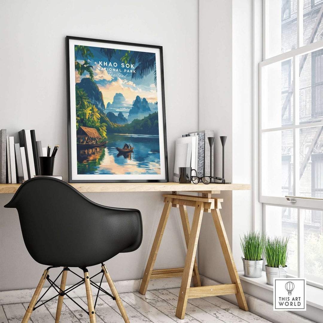 Khao Sok travel print showcasing a serene landscape with mountains and a lake, perfect for home decor.