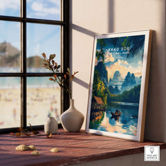 Khao Sok Travel Print showcasing vibrant scenes of Khao Sok National Park with lush landscapes and tranquil water.