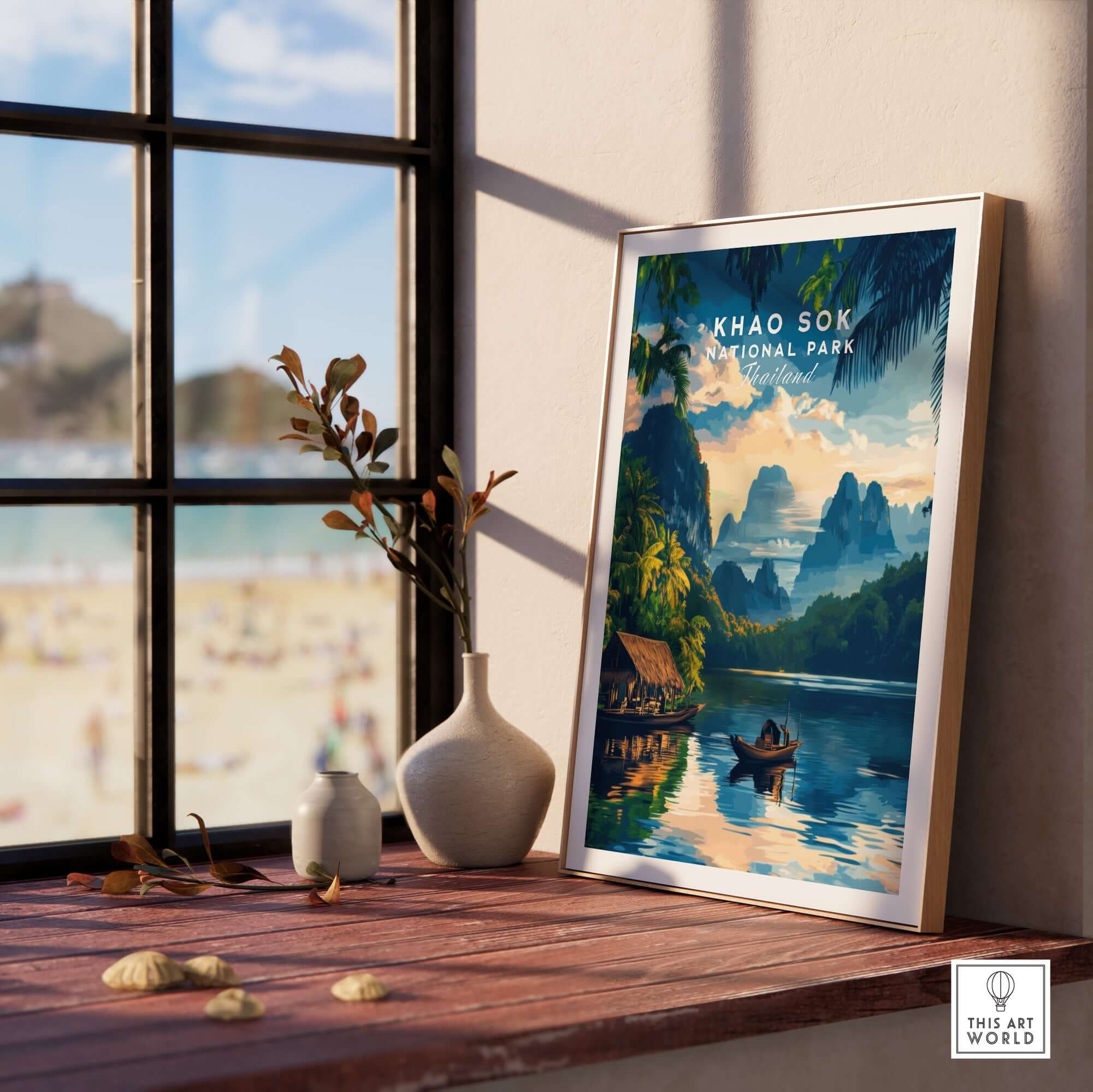 Khao Sok Travel Print showcasing vibrant scenes of Khao Sok National Park with lush landscapes and tranquil water.