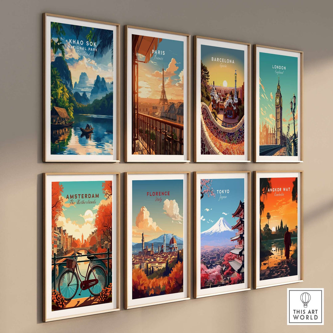 Khao Sok travel print among various city-themed art prints on a wall, showcasing vibrant landscapes and landmarks.