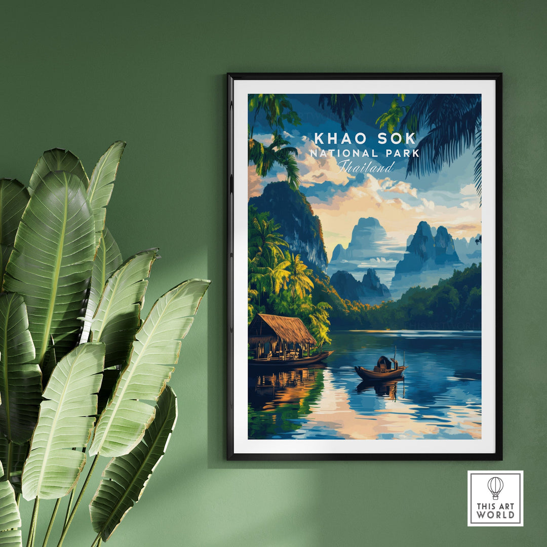 Khao Sok National Park travel print featuring lush landscapes, mountains, and a serene river scene in Thailand.