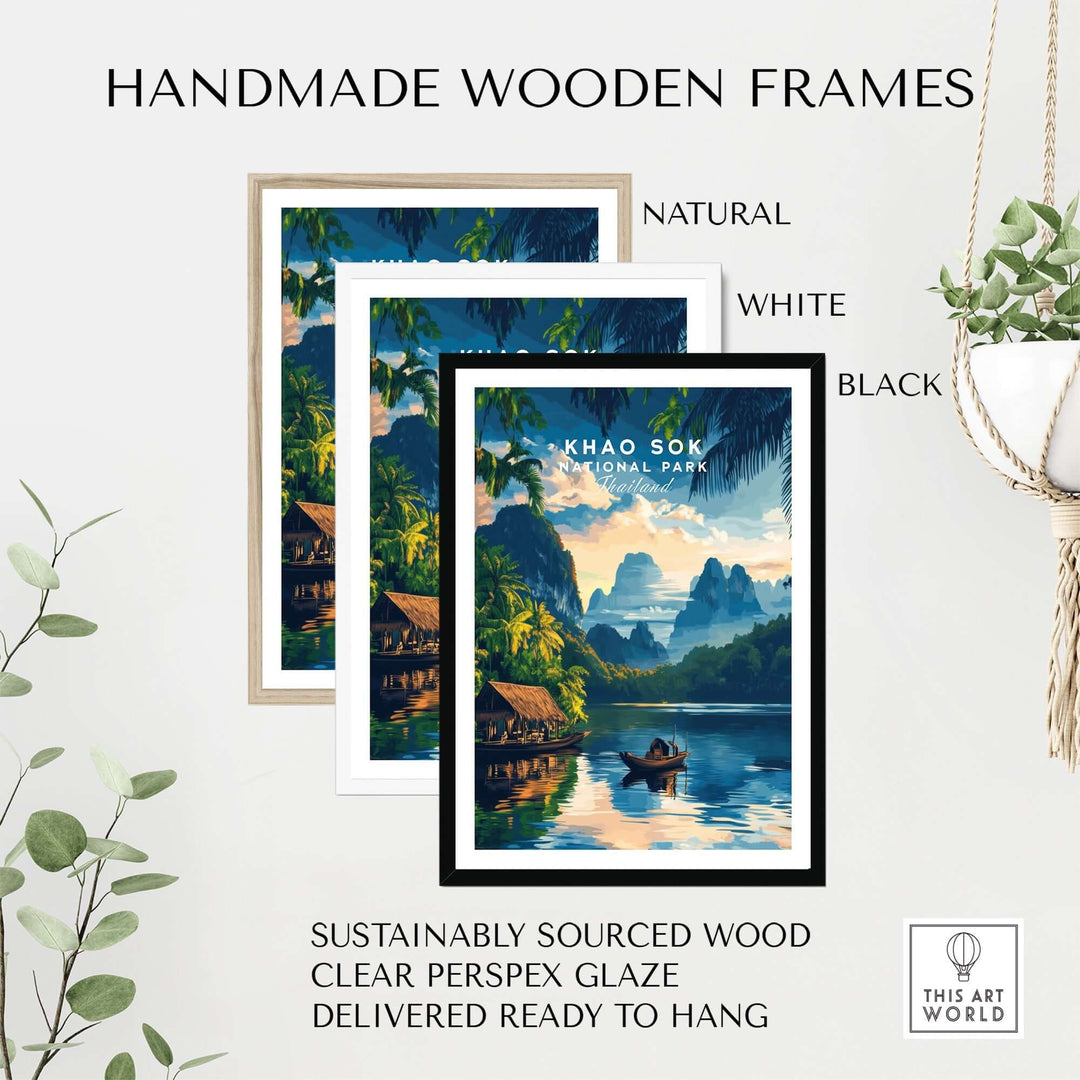 Khao Sok travel print framed in three handmade wooden frames: natural, white, and black, showcasing scenic landscape.