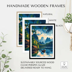 Khao Sok Travel Print displayed in handmade wooden frames in natural, white, and black finishes.