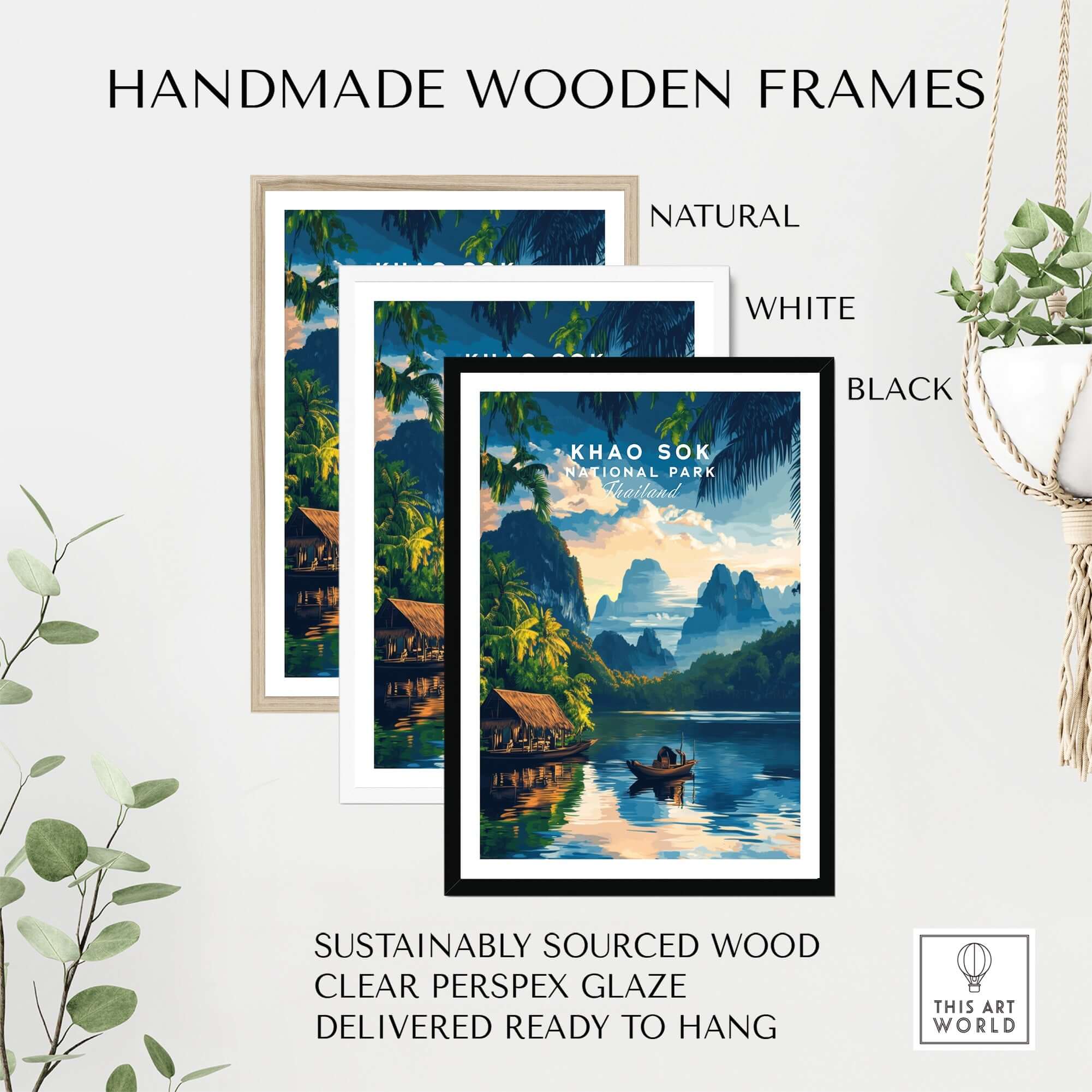 Khao Sok Travel Print displayed in handmade wooden frames in natural, white, and black finishes.