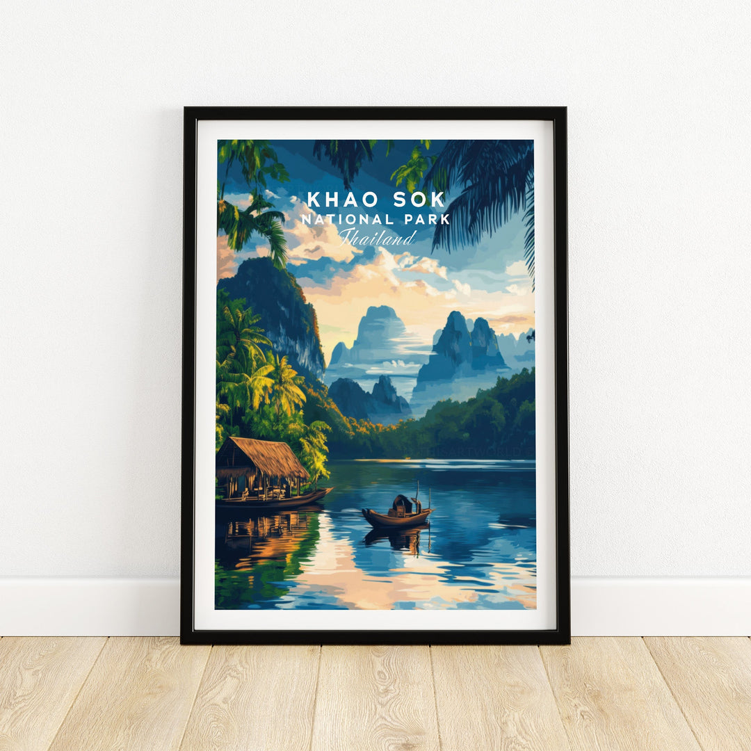 Vibrant Khao Sok National Park travel print featuring lush landscapes and serene waters in Thailand.